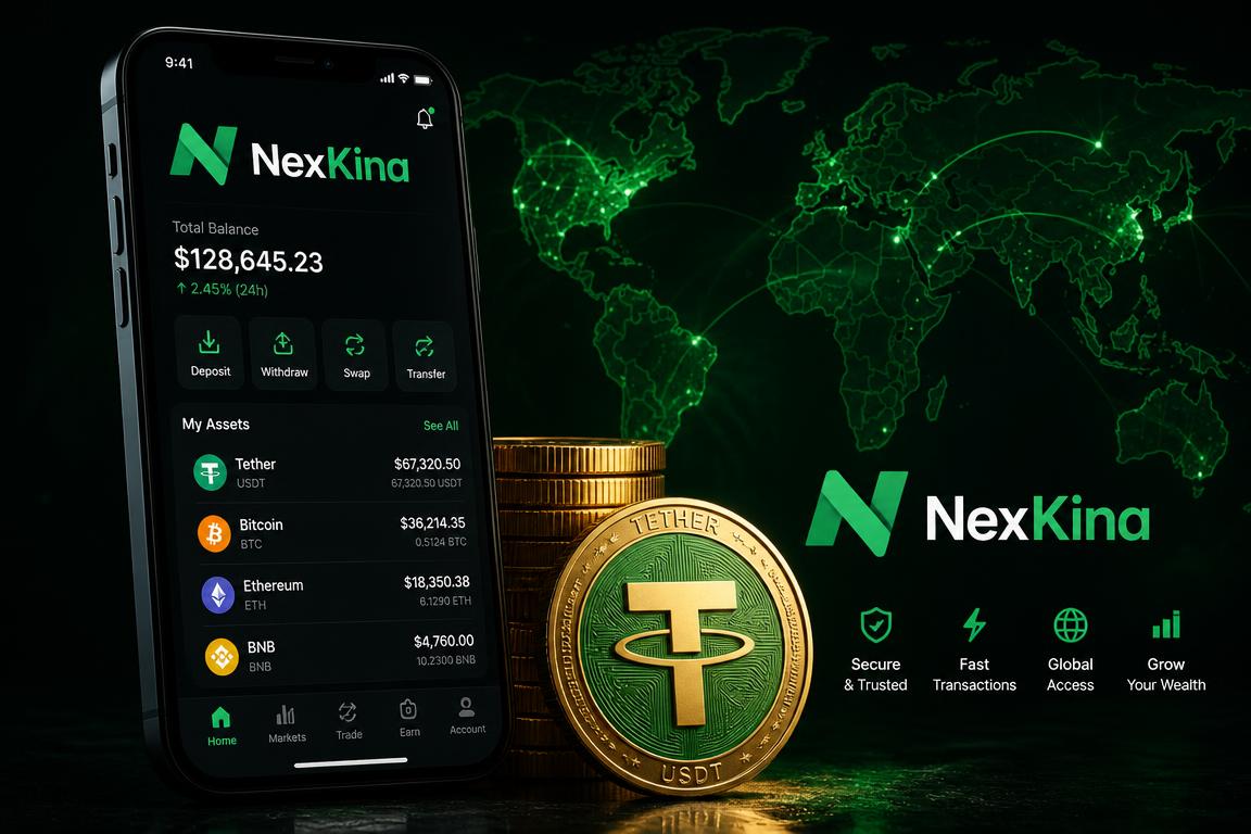 NexKina app with gold coins and USDT